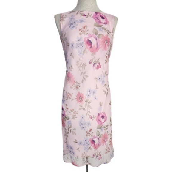 Dress Cowl Drape Back Floral Semi Sheer Overlay Lined Pink Size M - Picture 3 of 9